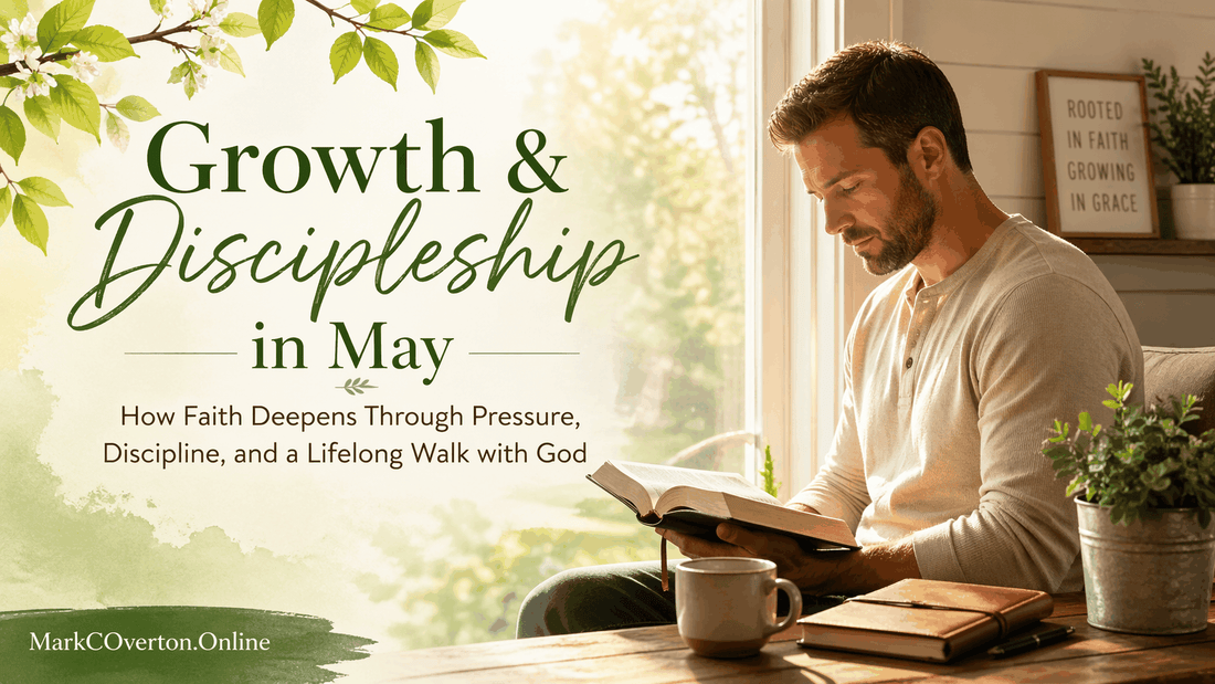Open Bible with a glowing cross overlay symbolizing spiritual growth and discipleship in May