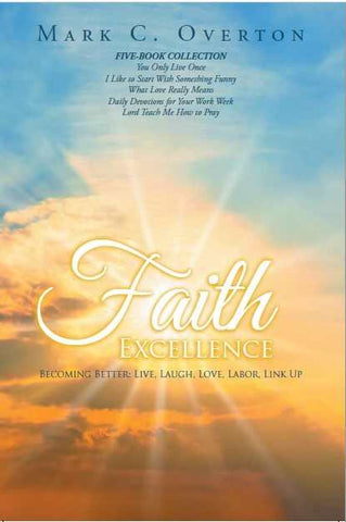 Faith Excellence book cover featuring a sunrise; five-book collection with themes of live, laugh, love, labor, and link up.